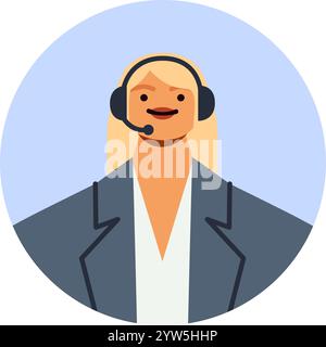 Donna bionda che indossa un auricolare e sorride, offrendo un servizio clienti cordiale. Icona avatar posizionata in un cerchio con un piatto Illustrazione Vettoriale