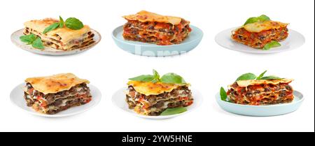 Set di deliziose lasagne isolate su bianco Foto Stock