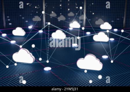 Rete cloud digitale con nodi interconnessi che rappresentano la condivisione dei dati e la tecnologia. rendering 3d. Foto Stock