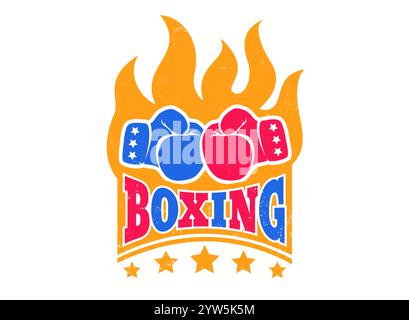 Logo Vector vintage per un pugilato con guanti in fiamme. Guanti da boxe con fiamma. Emblema sportivo vintage. Illustrazione Vettoriale