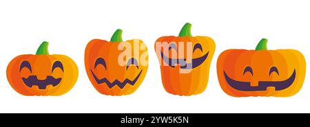 Set vettoriale di icone di zucca con sorriso per Halloween in stile piatto. Illustrazione vettoriale delle pumkins per Halloween. Illustrazione Vettoriale