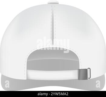 Realistica illustrazione vettoriale di un classico cappellino da baseball bianco, che mette in risalto il cinturino regolabile e il pannello posteriore, perfetto per mostrare design o. Illustrazione Vettoriale