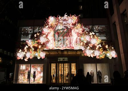 NEW YORK CITY/USA 04 dicembre 2024: Esterno della facciata del negozio Fifth Avenue Dior e delle finestre decorate con fantastiche creature sottomarine illuminate Foto Stock