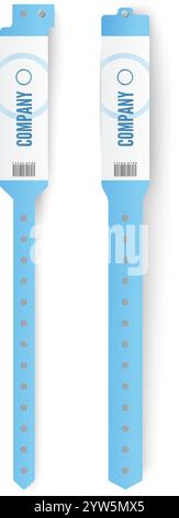 Due braccialetti in vinile azzurro per eventi, concerti o festival, con vista frontale e posteriore, con logo aziendale, codice a barre e fori regolabili Illustrazione Vettoriale