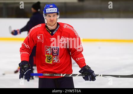 Pardubice, Repubblica Ceca. 9 dicembre 2024. Dominik Kubalik partecipa alla sessione di allenamento della nazionale ceca prima dei Giochi svizzeri di hockey, parte dell'Euro Hockey Tour, a Pardubice, in Repubblica Ceca, il 9 dicembre 2024. Crediti: Josef Vostarek/CTK Photo/Alamy Live News Foto Stock