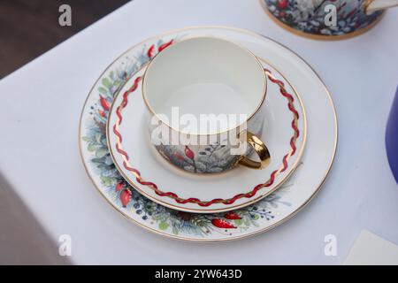 Elegante set Teacup e piattino in porcellana splendidamente realizzato e decorato con un design floreale Foto Stock