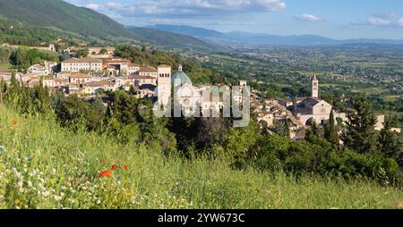 Assisi - il panorama della città con la Cattedrale di San Rufino e la Basilica di Santa chiara. Foto Stock