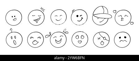 Set di icone facciali Doodle Emoji che raffigurano varie emozioni tra cui ammirazione, tristezza, rabbia e amore. Illustrazione Vettoriale