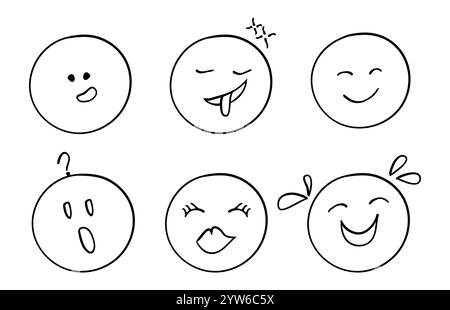 Set di icone facciali Doodle Emoji che raffigurano varie emozioni tra cui ammirazione, tristezza, rabbia e amore. Illustrazione Vettoriale
