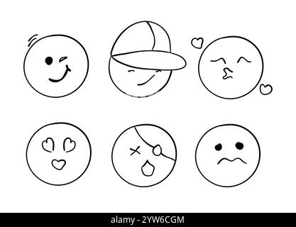 Set di icone facciali Doodle Emoji che raffigurano varie emozioni tra cui ammirazione, tristezza, rabbia e amore. Illustrazione Vettoriale