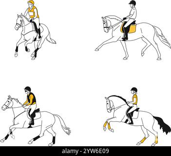 Disegnato a mano con cavalieri e cavalli Illustrazione Vettoriale