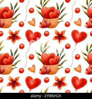 motivo ad acquerello senza cuciture con cuori rossi, fiori, palloncini e foglie verdi, a simboleggiare l'amore e il romanticismo. Perfetto per i biglietti di San Valentino Foto Stock