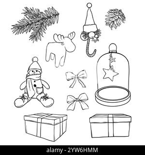 Set vettoriale di decorazioni natalizie. Illustrazioni di Capodanno in stile line art. Cono, rami di abete, giocattoli di Capodanno dipinti da inchiostri neri. Profilo Illustrazione Vettoriale