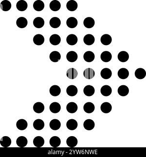 I punti neri di dimensioni crescenti e decrescenti formano una forma a zigzag rivolta verso l'angolo destro in basso su uno sfondo bianco, creando un Illustrazione Vettoriale