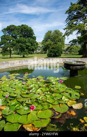 Rovine storiche e fontana con ninfee a Appuldurcombe House, Isola di Wight Foto Stock