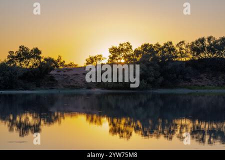 Suggestiva alba dorata sul lago Coongie, un popolare sito Ramsar, Australia meridionale, SA, Australia Foto Stock