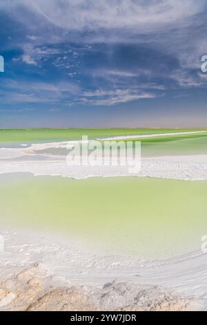 Primo piano sull'acqua salata e smeraldo di Qarhan o sul lago Chaerhan intorno alla città di Golmud, Qinghai, Cina, sfondo con spazio per testo Foto Stock