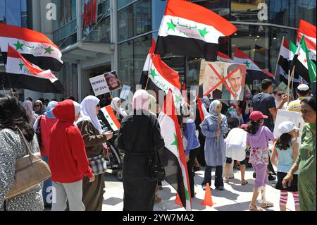 I siriani in Canada si riuniscono al Centro Eaton per una manifestazione per la libertà siriana il 9 luglio 2011 a Toronto, Ontario Canada. Manifestazioni simili si svolgono in tutto il mondo. Foto Stock