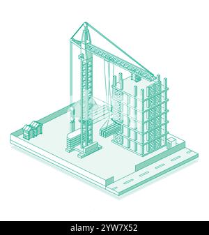 Cantiere con gru e grattacielo. Processo di costruzione di un edificio a piu' piani. Tecnologia industriale. Illustrazione vettoriale. Stile contorno. Illustrazione Vettoriale