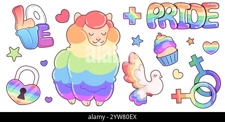 Adesivi e icone colorate arcobaleno per il design di tolleranza LGBTQ: Pecore carine, lucchetto e colomba, cupcake e simboli di genere, stelle e cuori. Ama il testo e le lettere Pride nei colori sfumati pastello. Illustrazione Vettoriale