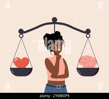 Equilibrio tra cuore e cervello. Concetto di benessere. Donna africana che guarda le scale con amore da un lato e pratica dall'altro. Vettore Illustrazione Vettoriale