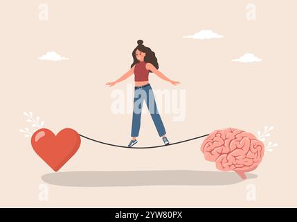 Equilibrio cerebrale e cardiaco. Concetto di intelligenza emotiva. Il personaggio femminile trova l'equilibrio tra cuore e cervello. Illustrazione vettoriale in un cartone animato piatto Illustrazione Vettoriale