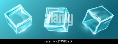Cubetti di ghiaccio 3D isolati su sfondo trasparente. Illustrazione vettoriale realistica di blocchi d'acqua congelati o in vetro che brillano con luce blu neon, cristalli freddi per cocktail freschi, mattoni quadrati lucidi Illustrazione Vettoriale