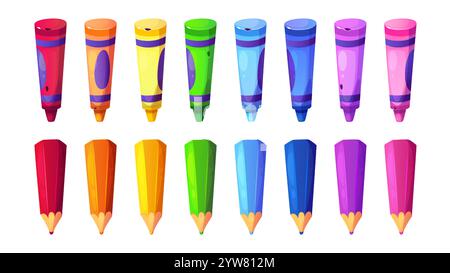 Cancelleria colorata con pastelli e matite in colori arcobaleno. Strumenti didattici di disegno per attività artistiche dell'asilo materno o forniture scolastiche elementari. Carino e creativo stazionario. Illustrazione Vettoriale