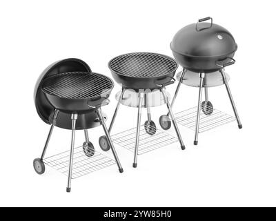 Tre griglie a carbone su sfondo bianco Foto Stock