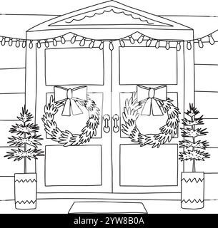 Pagina da colorare con porta anteriore e decorazioni natalizie Illustrazione Vettoriale