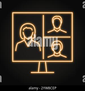 Icona della linea neon della videoconferenza. Comunicazione remota, persone sullo schermo del computer. Illustrazione vettoriale Illustrazione Vettoriale