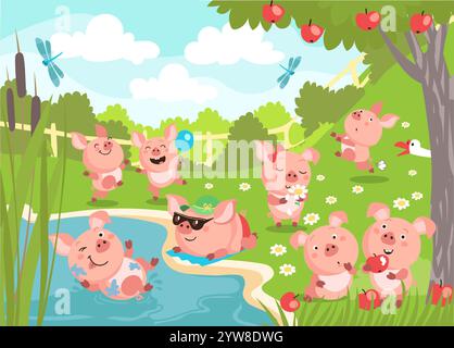 I maiali giocano all'aperto. Animali da fattoria che si divertono nella natura. Si divertono nel laghetto. Raccogliere fiori. I maialini felici mangiano mele. Mammiferi domestici. Famiglia suina. G Illustrazione Vettoriale