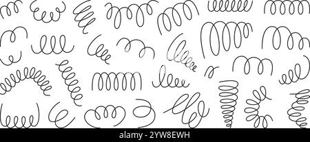 Molle a spirale Doodle. Molle trafilate a mano, icone delle bobine flessibili con filo nero. Spirali decorative in metallo, elementi ghirlande, set vettoriale di bobine piatte neoteriche Illustrazione Vettoriale