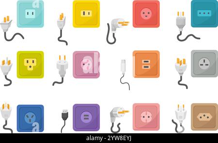 Connettore femmina Cartoon. Varie prese e spine, dispositivi elettrici collegano diversi tipi di raccolta. Elementi di energia elettrica, vettore neoterico Illustrazione Vettoriale