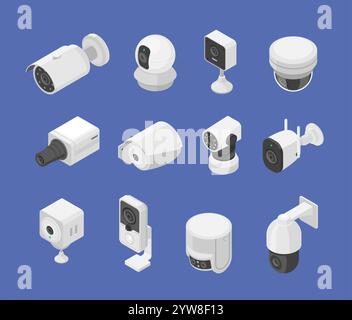 Telecamera di sicurezza isometrica. Tecnologie di riconoscimento facciale, telecamere di sorveglianza per esterni in strada. Strumenti digitali CCTV per protezione, set vettoriale impeccabile Illustrazione Vettoriale