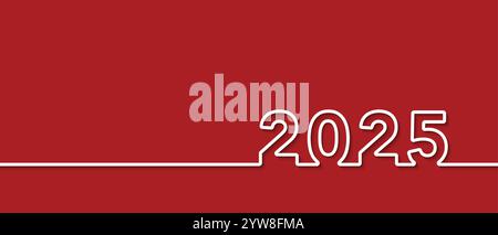 2025 scritto con righe su sfondo rosso. Capodanno, banner Web e biglietto d'auguri per Natale Illustrazione Vettoriale