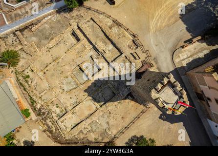 Vista aerea dall'alto del castello della chiesa di Mare de Déu de l'Aldea, nel Delta dell'Ebro, in una mattina d'estate (Tarragona, Catalogna, Spagna) Foto Stock