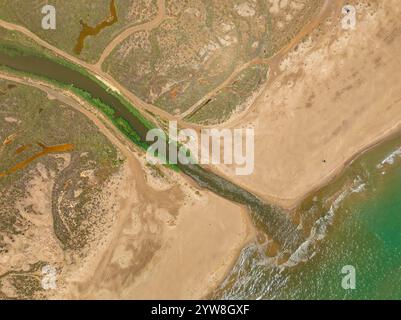 Vista aerea della foce della Gola de la Platjola, tra le spiagge di Serrallo ed Eucaliptus, nel Delta dell'Ebro (Montsià, Tarragona, Catalogna, Spagna) Foto Stock