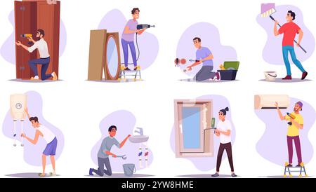 Lavoratori a domicilio. Servizi di manutenzione e ristrutturazione costruttori che riparano vecchi locali che eseguono lavori di riparazione, set esatto di illustrazioni vettoriali Illustrazione Vettoriale