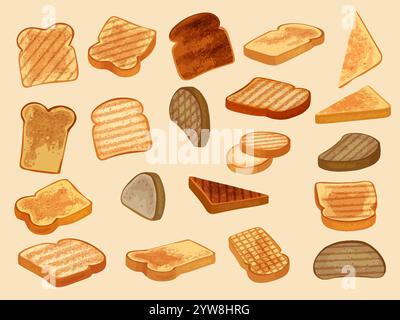 Brindisi. Il pane fritto a forma di cartoni animati tosta vari tipi e forme il pane vettoriale recente per colazione Illustrazione Vettoriale