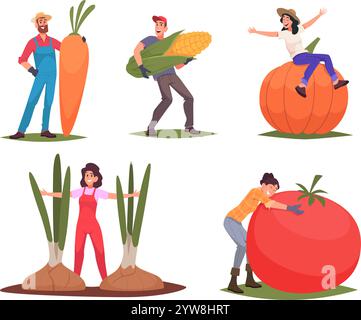 Agricoltori. Le persone curano il raccolto tempo esatto caratteri vettoriali con frutta e verdura di carota di zucca grande Illustrazione Vettoriale