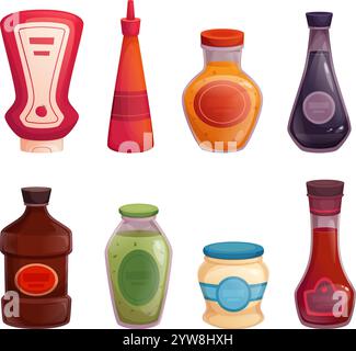 Bottiglie di salse. Mayo ketchup liquido caldo piccante per cucinare bottiglie e vasi di cartoni animati vettoriali per diversi tipi di salse Illustrazione Vettoriale