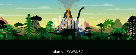 I dinosauri preistorici si caratterizzano per il paesaggio vulcanico nella foresta dell'era giurassica, sfondo vettoriale. Lucertole giganti e sagome dei rettili dei dinosauri nella giungla con eruzione vulcanica per il museo della paleontologia Illustrazione Vettoriale