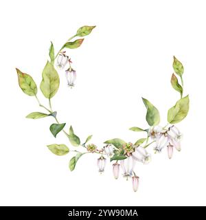 Fiore di campana rosa e mirtillo con foglie verdi sui rami, disegnato a mano in acquerello, illustrazione botanica di fiori selvatici. Corona isolata Foto Stock