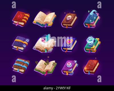 Libro degli incantesimi del gioco. Cartoni animati libri magici fantasy ui icone luminose, studio del mago vecchio manuale di alchimia biblioteca medievale ricerca di gioco stregoneria ricetta ortografica stravagante illustrazione vettoriale grafica originale Illustrazione Vettoriale