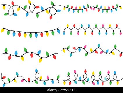 Lampadine per luci di Natale. Lampadine colorate per le luci di Natale isolate su sfondo bianco. Illustrazione Vettoriale