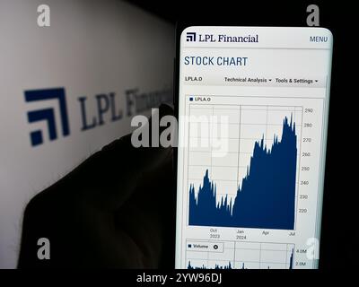 In questa illustrazione fotografica, una persona ha in mano un cellulare con la pagina Web della società di intermediazione commerciale statunitense LPL Financial Holdings Inc. Davanti al logo. Foto Stock