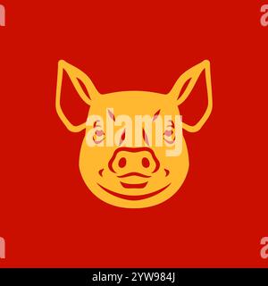 Muso di maiale mascotte dorata Capodanno cinese icona monocromatica illustrazione piatta vettoriale. Testa di maiale con maialino e orecchie zodiaco asiatico astrologia minimalista Illustrazione Vettoriale