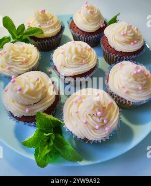 Deliziosi cupcake fatti in casa decorati con perle color crema e rosa poggiate su un piatto azzurro Foto Stock