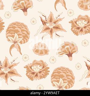 Motivo floreale seppia senza cuciture. Copertina di sfondo per giardino con fiori monocromatici. Motivo di fiori selvatici con motivo motivo a motivo di ripetizione di superficie. Illustrazione vettoriale disegnata a mano Illustrazione Vettoriale